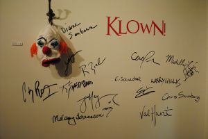 That's Todd Daniel Grossman's crocheted piece "Anywhere I Hang My Head" announcing the participants in "Klown!"