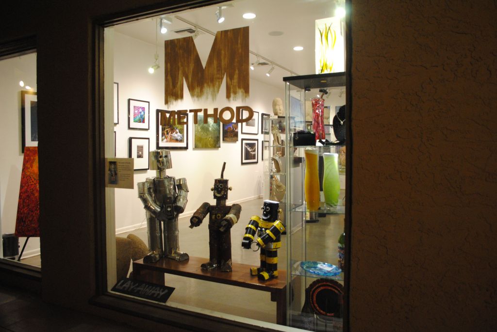 Robots by Alexi Devilliers in the window of Marshall Way's Method Art Gallery.