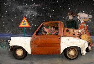 Las vacaciones de Juanito  [Juanito’s Vacation]  1972 Acrylic and metals including car door and aluminum pan; rubber, wood, and fabrics including caps, jersey, and handkerchiefs; broom straw, paper, jute, nails, and staples on wood 80 13/16 x 117 1/2 in. (205.3 x 298.5 cm) Private Collection, Madrid  © José Antonio Berni 